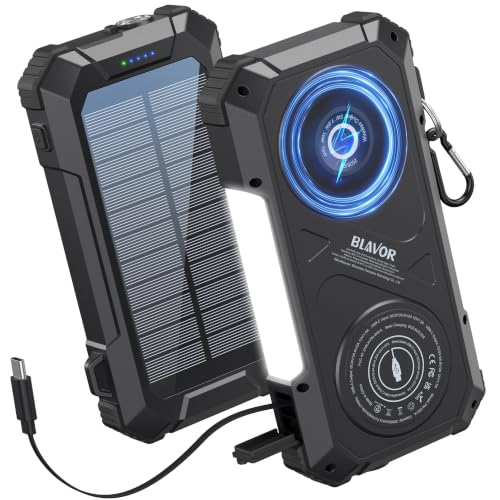 BLAVOR Solar Power Bank Built-in Retractable Cable 20000mAh - color: Black