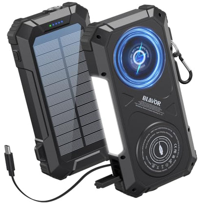 BLAVOR Solar Power Bank Built-in Retractable Cable 20000mAh - color: Black