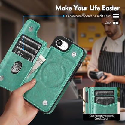 SkyEagle Compatible with MagSafe iPhone 17e / 16e Case Wallet,Green | Magnetic Clasp,RFID Blocking,PU Leather,Flip Folio Shockproof Phone Cover,with Credit Card Slots & Kickstand for Men & Women - color: Green