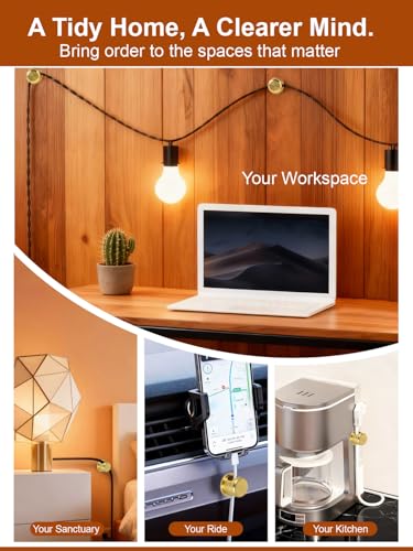 Wider Base Strong Adhesive Desk Cord Holder 3 Pack, Aluminum Gold