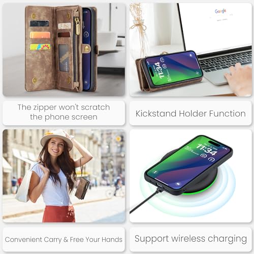 Compatible with iPhone 15 Wallet Case with Magsafe,Coffee | Magnetic Detachable Case,Card Holder,Zipper Pocket,Strap Wristlet, Soft Leather Drop-Proof Phone Case for iPhone 15 - color: Coffee, size: iPhone 15 6.1"