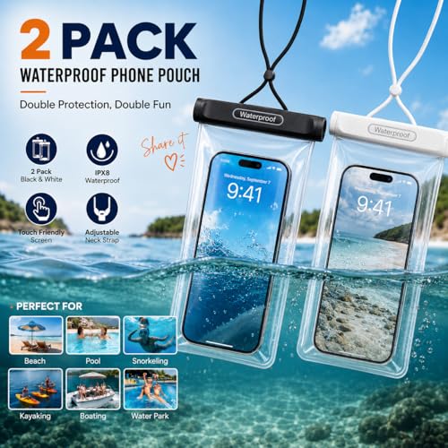 OKEA 2-Pack IPX8 Waterproof Phone Pouch, Universal Cellphone Dry Bag for Devices up to 7.2", Touchscreen & Underwater Photo Friendly, Secure Knob Lock Case for Swimming, Diving, Beach, Travel Clear
