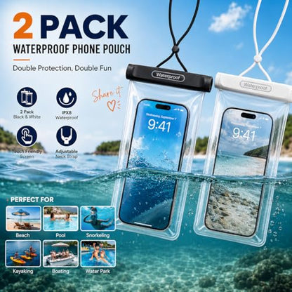 OKEA 2-Pack IPX8 Waterproof Phone Pouch, Universal Cellphone Dry Bag for Devices up to 7.2", Touchscreen & Underwater Photo Friendly, Secure Knob Lock Case for Swimming, Diving, Beach, Travel Clear