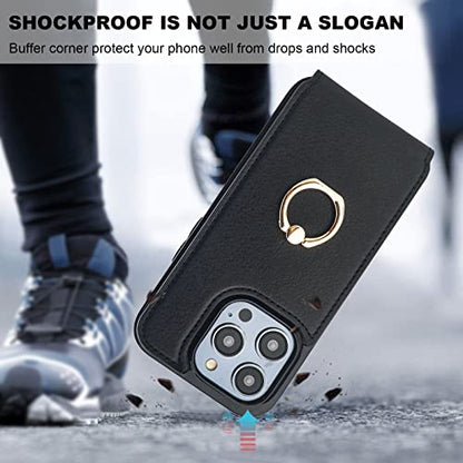 Folosu Compatible with iPhone 14 Pro Case Wallet with Card Holder, 360°Rotation Finger Ring Holder Kickstand, RFID Blocking Leather Protective Double Buttons Shockproof Cover 6.1 Inch Black - color: Black, size: iPhone 14 Pro