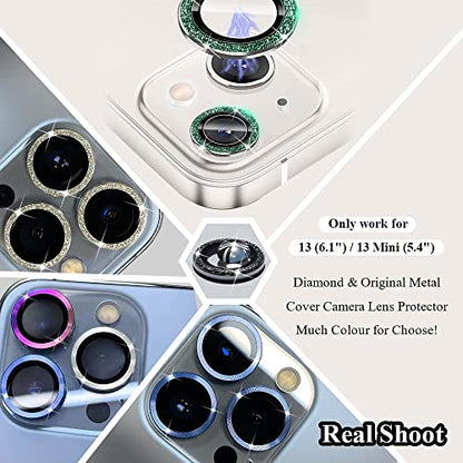 Bling Camera Lens Protector Compatible for iPhone 13/13 mini Ultra Thin/Clear Tempered Glass [Anti-Scratch][Shatter/Water/Fog-Proof] Metal Cover Protection - Green Diamond(Set of 2) - color: GreenDiamond