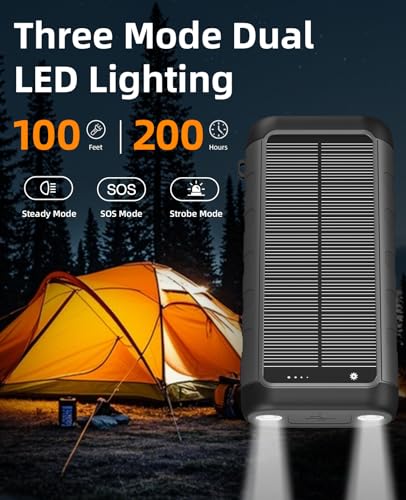 Solar Charger Power Bank 59800mAh, 6 Outputs & Hand Crank, Emergency Use - color: Grey Black