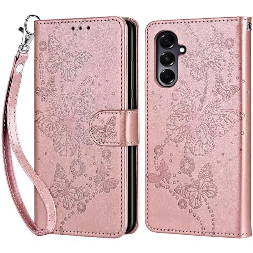 for Samsung Galaxy A16 5G Wallet case, Rose Gold-Butterfly | 3 Card Holders, Kickstand, Shockproof TPU Shell, PU Leather, Magnetic Closure, Protective Flip Folio Cover, Women - color: 6