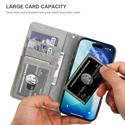 Bocasal Detachable Wallet Case Card Holder for iPhone 17 Pro, Grey | RFID Blocking Kickstand Card Slots Holder PU Leather Magnetic Shockproof Wrist Strap Removable Flip Protective Cover 6.3 inch - color: Gray