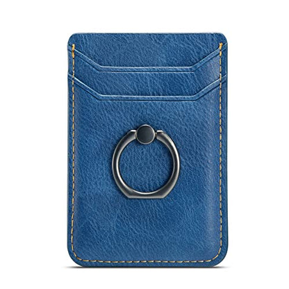 Card Holder Sleeve with Ring, RFID Credit Wallet Synthetic Leather Stick On Back Grip for iPhone Samsung Smartphone - Blue - color: Cow Blue
