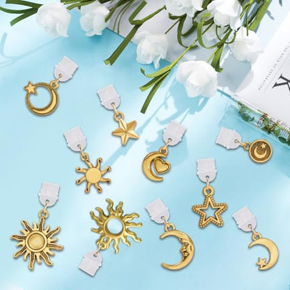 SUNNYCLUE 1 Box 10 Styles Moon Dust Plug Charm Dust Plug Charms Bulk Small Gold Metal Cute Sun Stars Dangle Plastic Compatible Port Protector Pendant for Phone Earphone Diy Jewelry Supplies Women Men - style: Moon & Star