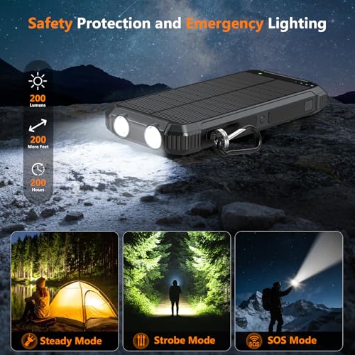 Solar Charger Power Bank 20000mAh, Wireless Fast Charging Battery Pack with 3 Built-in Cables & USB-C Input, Dual LED Flashlights, Portable Phone Charger for Camping, Travel & Emergency Use (Black) - color: Black