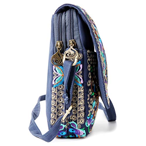 SILKAREA Embroidered Cute Mini Crossbody Bag for Women Small Handbags Wristlet Wallet Bag Cell-phone Pouch Coin Purse - color: Blue + Flower-medium