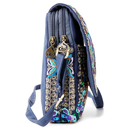 SILKAREA Embroidered Cute Mini Crossbody Bag for Women Small Handbags Wristlet Wallet Bag Cell-phone Pouch Coin Purse - color: Blue + Flower-medium