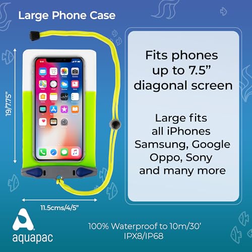 Aquapac Waterproof Phone Case, Large, Blue | iPhone and Android, Made in The UK, Hiking, Mountain Biking, Running Accessory, Floating, IPX8 certified to 30 ft deep. - color: Blue, size: Large