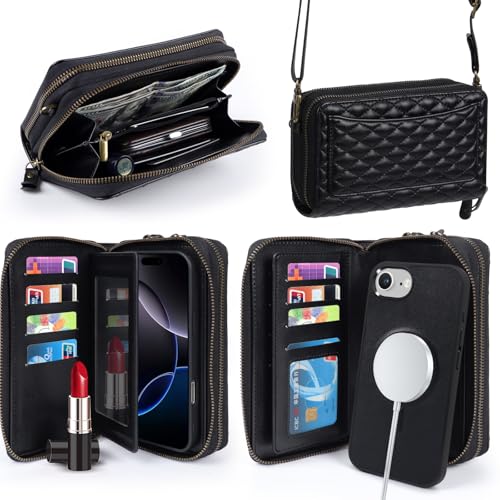Harryshell Compatible with iPhone 16e / 17e Case Wallet Multi Zipper Detachable Removable Cover Purse with RFID Blocking Card Slots Holder Mirror Crossbody Strap (Compatible with Magsafe - Black) - color: Compatible with Magsafe - Black, size: iPhone 16e