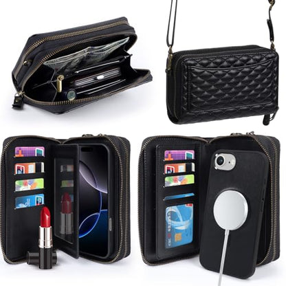 Harryshell Compatible with iPhone 16e / 17e Case Wallet Multi Zipper Detachable Removable Cover Purse with RFID Blocking Card Slots Holder Mirror Crossbody Strap (Compatible with Magsafe - Black) - color: Compatible with Magsafe - Black, size: iPhone 16e