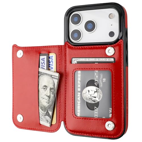 ONETOP for iPhone 17 Pro Wallet Case with Credit Card Holder,Red | Kickstand,ID/Cash Holder,Case Wallet with Card Slots,Double Magnetic Clasp,Durable PU Leather Shockproof Cover for Women Men - color: Red