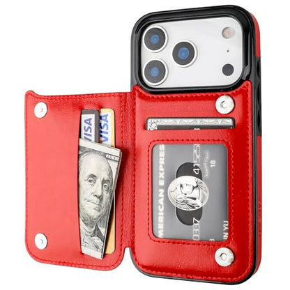 ONETOP for iPhone 17 Pro Wallet Case with Credit Card Holder,Red | Kickstand,ID/Cash Holder,Case Wallet with Card Slots,Double Magnetic Clasp,Durable PU Leather Shockproof Cover for Women Men - color: Red