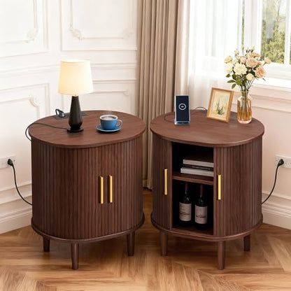 DHH Mid Century Modern Nightstand with Charging Station, Fluted Accent Side Table with Sliding Door & Adjustable Shelf, End Table for Small Space, Living Room, Bedroom,Sofa Couch (1, Walnut) - color: Walnut