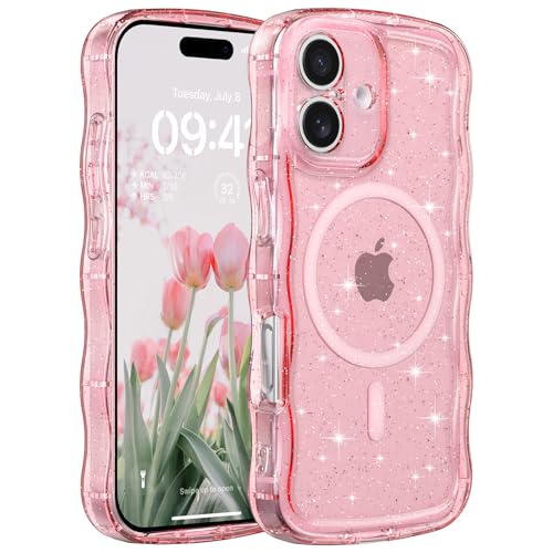 FABSPARK Glitter Case for iPhone 16,Fit for MagSafe,Pink | Magnetic Curly Wavy Frame | Sparkly Bling Glitter | Transparent Clear Acrylic Hard PC for iPhone 16,Pink - color: Glitter Clear Pink, size: for iPhone 16