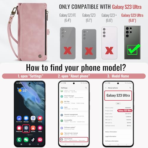 Defencase for Samsung Galaxy S23 Ultra Wallet Case with Card Holder, Pink | Durable PU Leather, with RFID Blocking Zipper Pocket, Wrist Strap, S23 Ultra Flip Phone Cases Cover with Stand for Women Men - color: Airy Rose Pink