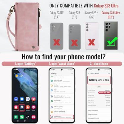 Defencase for Samsung Galaxy S23 Ultra Wallet Case with Card Holder, Pink | Durable PU Leather, with RFID Blocking Zipper Pocket, Wrist Strap, S23 Ultra Flip Phone Cases Cover with Stand for Women Men - color: Airy Rose Pink