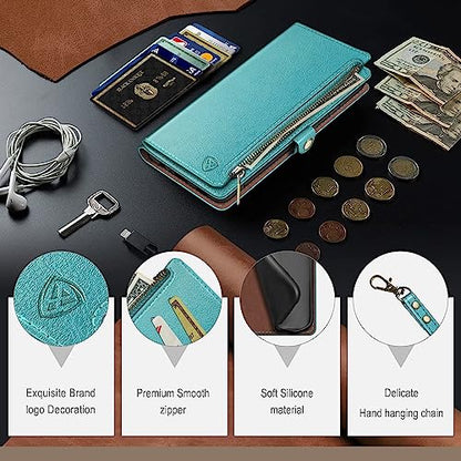 XcaseBar Compatible with ‌Samsung Galaxy S26 Wallet case with Zipper Credit Card Holder【RFID Blocking】,Flip Folio Book PU Phone case Shockproof Cover Women Men for Samsung S26 case Blue Green - color: Blue Green, size: Samsung Galaxy S26