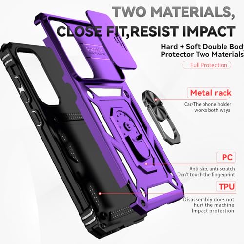 for Samsung Galaxy S24 FE Case with Camera Lens Cover HD Screen Protector, Dual Layer Military-Grade Drop Tested Magnetic Ring Holder Kickstand Protective Phone Case for Galaxy S24 FE (Purple) - color: Purple with camera cover Military-Grade 2nd gen