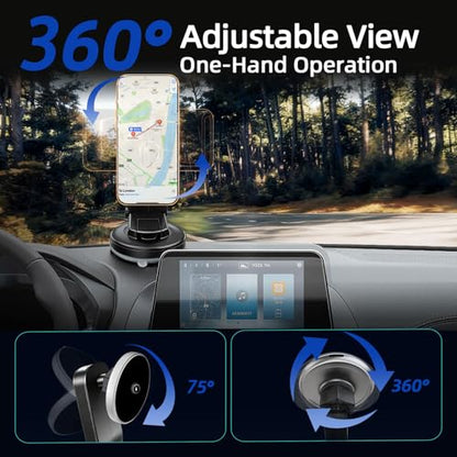 Magnetic Phone Mount for Car, 15W Wireless Car Charger, Dashboard Phone Holder and Windshield Mount, Extendable 360 Degree Arm, Washable Gel Suction Cup, Metal Ring and Cable Included - size: Universal | Mag Charge