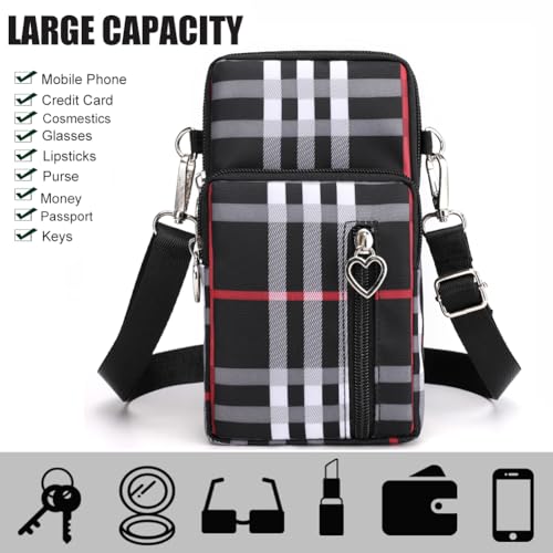 Small Crossbody Bag for Women, Multi Zip Pockets Nylon Wallet Purse Credit Card Holder with Detachable Hand Strap - color: Black Grid