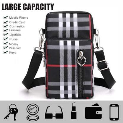 Small Crossbody Bag for Women, Multi Zip Pockets Nylon Wallet Purse Credit Card Holder with Detachable Hand Strap - color: Black Grid