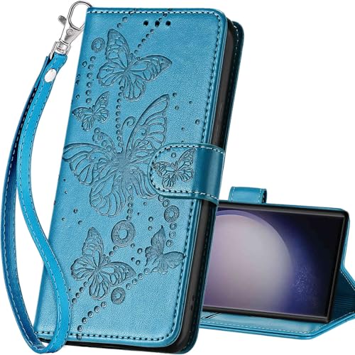 for Samsung Galaxy S24 Ultra Wallet case, Blue-Butterfly | 3 Card Holders, Kickstand, Shockproof TPU Shell, PU Leather, Magnetic Closure, Protective Flip Folio Cover, Women - color: 8