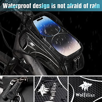 WOLFILIST Bike Frame Bag - Waterproof Bicycle Phone Holder Bike Accessories | 3D EVA Hard Shell with TPU Touchscreen & Rain Cover, Fits 7" Phones 1.5/2L Large Capacity Straps for Bike/E-Bike Adult Gifts