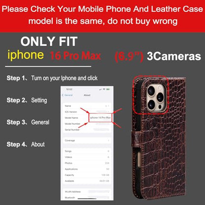 Leather Case Compatible with iPhone 16 Pro Max Wallet 6.9" | Genuine Leather 2-in-1 Magnetic Detachable Shockproof,Flip Folio Cover with Card Slot,Wireless Charging RFID Blocking - color: Brownness, size: 16 Pro Max