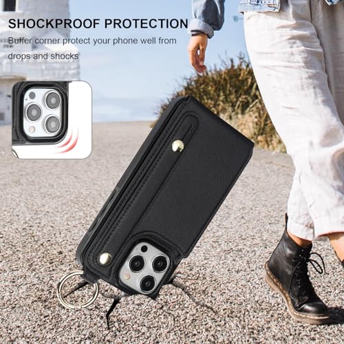 Folosu for iPhone 15 Pro Max Wallet Case with Card Holder, Hand Wrist Strap Loop Holder Kickstand, RFID Blocking Finger Grip Ring PU Leather Double Buttons Shockproof Cover 6.7" Black - color: Black