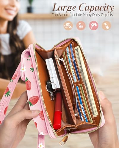 Miss Adola Phone Purse for Women Leather Crossbody Bag | Large Phone Pocket, Magnetic Snap, Zipper Pocket, 4 Card Slots, Adjustable Shoulder Strap, Leather Small Purse for Daily Use - color: Strawberry