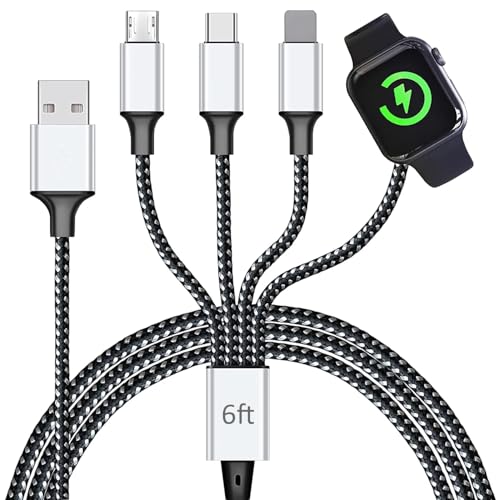 TOP-UP Multi Charging Cable for Apple Watch Charger (6FT) – 4 in 1 Braided Cord for Multiple Devices, USB C/Micro/Multi Charger Compatible with iWatch Series 11–1, iPhone 17/16/15/14, iPad
