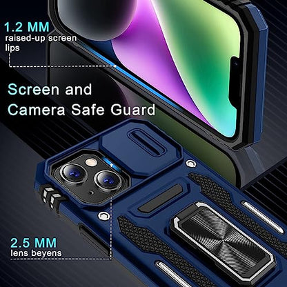 DEERLAMN Case for iPhone 13/iPhone 14 6.1-Inch with Slide Camera Cover+Screen Protector(2 Packs),Rotated Ring Kickstand Military Grade Shockproof Protective Cover-Navy Blue - color: Navy Blue