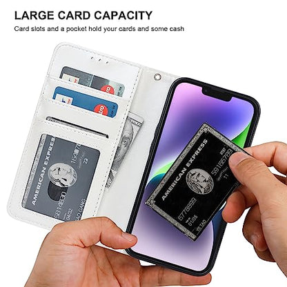 Bocasal Detachable Wallet Case Card Holder for iPhone 14, White | RFID Blocking Kickstand Card Slots Holder PU Leather Magnetic Shockproof Wrist Strap Removable Flip Protective Cover 6.1 inch - color: White