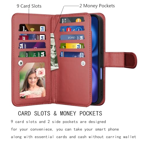 NJJEX Wallet Case Compatible with iPhone 17 6.3" 2025, [9 Card Slots] PU Leather Card Holder Folio Flip [Detachable] Kickstand Magnetic Phone Cover & Lanyard Compatible for iPhone 17 [Wine Red] | PU leather folio flip, detachable magnetic phone cover, int