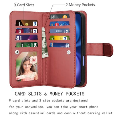 NJJEX Wallet Case Compatible with iPhone 17 6.3" 2025, [9 Card Slots] PU Leather Card Holder Folio Flip [Detachable] Kickstand Magnetic Phone Cover & Lanyard Compatible for iPhone 17 [Wine Red] | PU leather folio flip, detachable magnetic phone cover, int