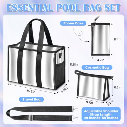 3-Piece Iridescent Beach Bag Set for Women, Large PVC Pool Bag Set | Includes Summer Beach Tote, Cosmetic Bag and Touchscreen Phone Pouch for Pool, Travel and Vacation - color: Silver