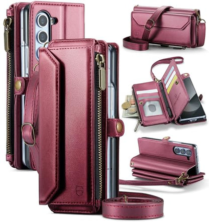 Strapurs Crossbody Wallet Case Compatible with Samsung Galaxy Z Fold 6 with RFID Blocking Card Holder & Pen Holder Slot Soft PU Leather Shoulder Strap Zipper Pocket Purse Fold 6 Phone Case, Wine Red | RFID Blocking 5-Card Holder, Shoulder Lanyard, Wirst S