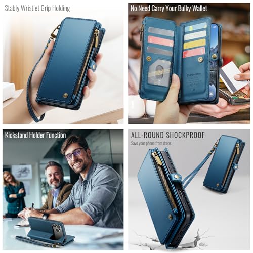 Defencase for iPhone 17 Pro Max Wallet Case with RFID Card Holder, Blue | Durable Soft PU Leather, with Zipper Pocket, Wrist Strap, Fashion Snap Flip Phone Cases Cover with Stand for Women and Men - color: Dark Blue