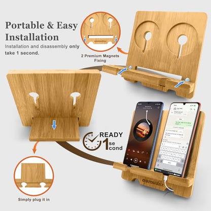 Bamboo Dual Cell Phone Holder for iPhone/iPad, Wood Wireless Charging Station Tablet Holder Nightstand, Double Phone Holder Desktop Stand for iPhone 18/17/16/15/14/13/12/11 and Android