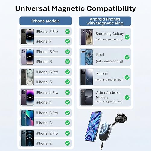 IJS Magnetic Wireless Car Charger with Built-in Retractable Cable – Extendable Windshield & Dashboard Phone Mount – 15W Magsafe Compatible – Fast Charging for iPhone 17/16/15/14/13/12, Samsung, Pixel