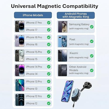 IJS Magnetic Wireless Car Charger with Built-in Retractable Cable – Extendable Windshield & Dashboard Phone Mount – 15W Magsafe Compatible – Fast Charging for iPhone 17/16/15/14/13/12, Samsung, Pixel