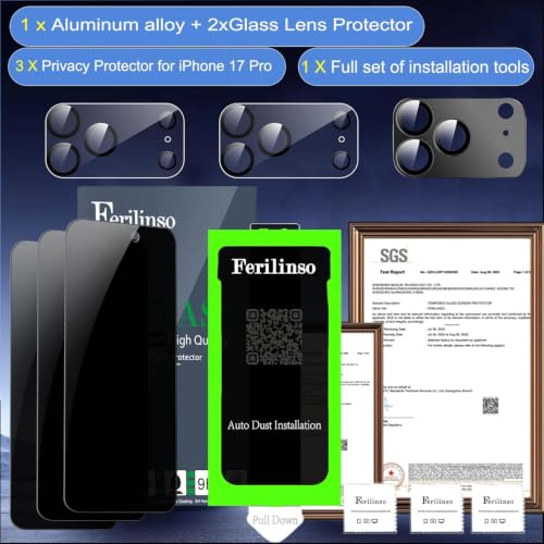 Ferilinso Privacy Screen Protector for iPhone 17 Pro, Tempered Glass - size: iPhone 17 Pro-6.3 INCH