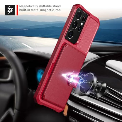 Wallet Case for Samsung Galaxy S21 Ultra, Compatible with Magnetic Car Mount, Heavy Duty Shockproof Rugged Soft TPU Back Leather Flip Credit Card Holder Cover 6.8 inch, Red | Compatible with Magnetic Car Mount, Shockproof Rugged Soft TPU Hard Back Leather
