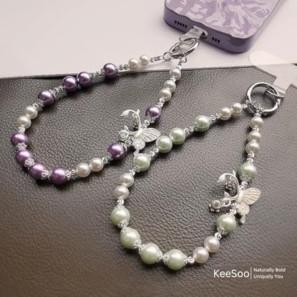 Korean-Style Pearl Butterfly Phone Charm - Luxe Hands-Free Elegance, Universally Compatible with iPhone & Android, Radiating Timeless Charm, Light Green - color: 03 Green Pearl Butterfly